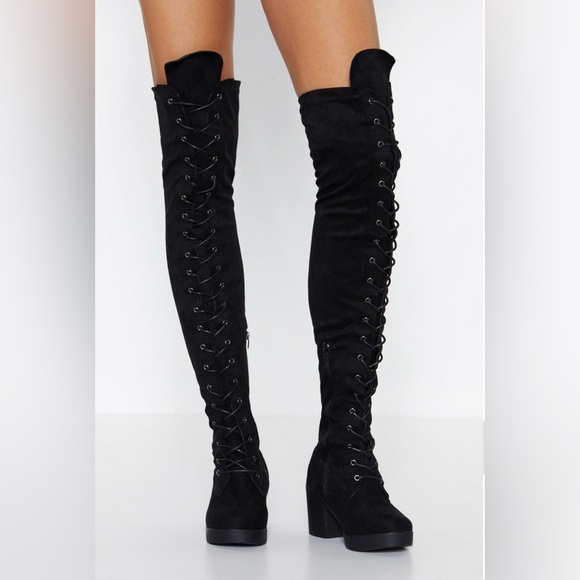 Nasty gal Faux Suede Lace Up Over the Knee Boots size 8 - Picture 2 of 5